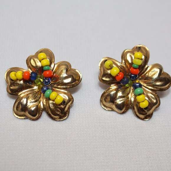 Golden Floral Clip-on Earrings with Primary Color Bead Centers - Picture 5 of 7
